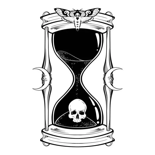 Vector illustration of Human skull in hourglass isolated. Sticker, print or blackwork tattoo hand drawn vector illustration.