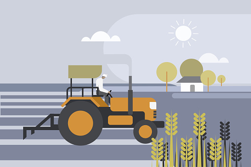 Illustration of a farmer plowing the field using a tractor