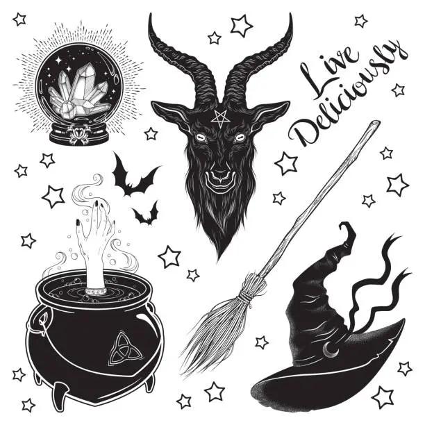 Vector illustration of Magic set black phillip goat, crystal ball, cauldron, broom and pointy hat hand drawn art isolated. Antique style boho chic sticker, patch, blackwork flash tattoo or print design vector illustration