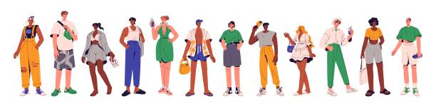 Men, women stand in fashion outfit, casual summer clothes set. Young trendy people wear stylish apparel, urban looks with dress, shorts. Flat graphic vector illustrations isolated on white background Men, women stand in fashion outfit, casual summer clothes set. Young trendy people wear stylish apparel, urban looks with dress, shorts. Flat graphic vector illustrations isolated on white background. african american male model stock illustrations