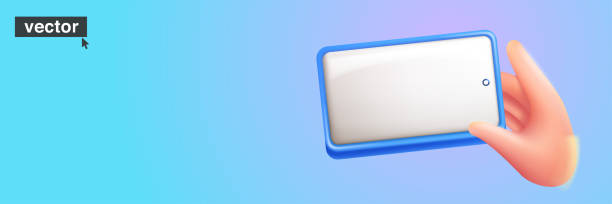 istock Hand holding smartphone or tablet. Realistic 3D render design. Vector art in fun cartoon plastic style. 1493133806
