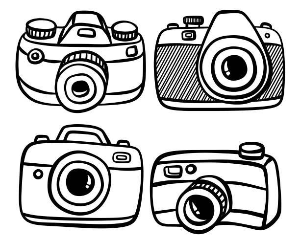 illustrazioni stock, clip art, cartoni animati e icone di tendenza di set di simpatiche icone della fotocamera doodle impostate su sfondo bianco - silhouette photographer photographing photograph