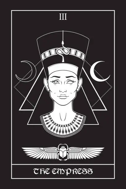 Vector illustration of Egyptian tarot card The Empress with Nefertiti ancient Egyptian queen in gothic style hand drawn vector illustration