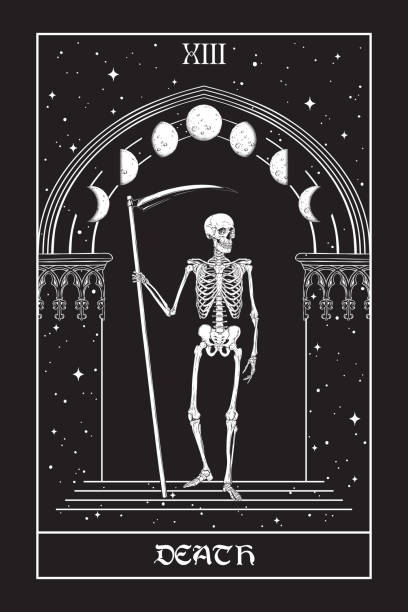 ilustraciones, imágenes clip art, dibujos animados e iconos de stock de carta del tarot death grim reaper con las guadañas frente al arco gótico con ilustración vectorial lunar. cartel de estilo gótico dibujado a mano, póster o diseño de impresión - sculpture gothic style grave spooky