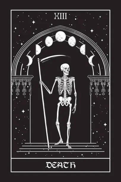 Vector illustration of Tarot card Death Grim Reaper with the scythes in front of the gothic arch with moon vector illustration. Hand drawn gothic style placard, poster or print design