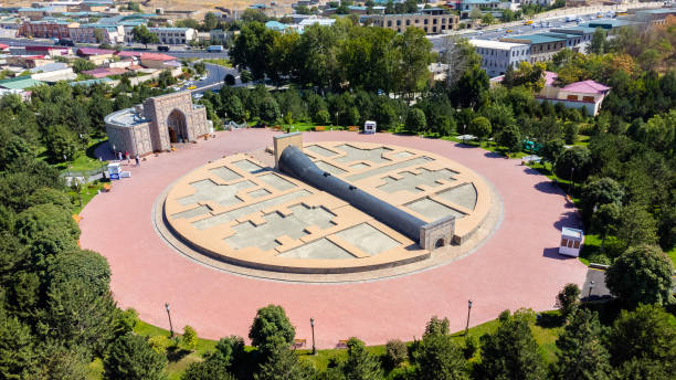 Samarkand, Uzbekistan - May 24, 2021: Aerial view of Observatory of Ulugbek in Samarkand Uzbekistan. The observatory was built in the 1420s by the Timurid astronomer Ulugbek, islamic astronomers who worked at the observatory. Ulugbek, the son of Shah Rukh and grandson of sultan Timur, became the ruler of Samarkand in the 15th century AD