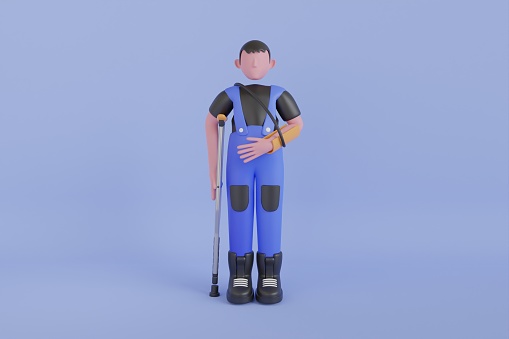 A uniformed worker with injuries to his foot and hand, bravely persevering through physical pain. 3d illustration of accident and risk at work place
