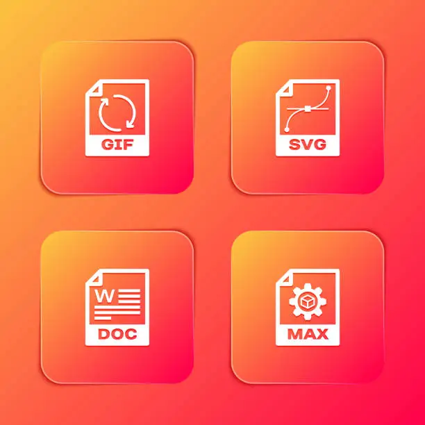 Vector illustration of Set GIF file document, SVG, DOC and MAX icon. Vector