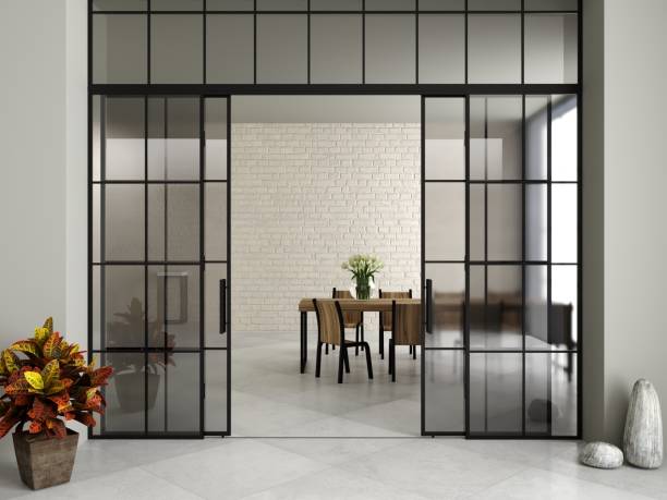 Modern sliding glass door in the room
