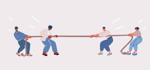 istock Vector illustration of people pulling a rope. Man and woman in team playing tug of war 1493143128