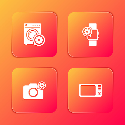 Set Washer setting, Smartwatch, Photo camera and Microwave oven icon. Vector.