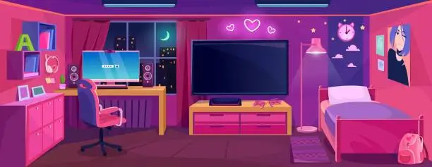 Vector illustration of Girl gamer room interior design in pink. Console with a big screen and furniture