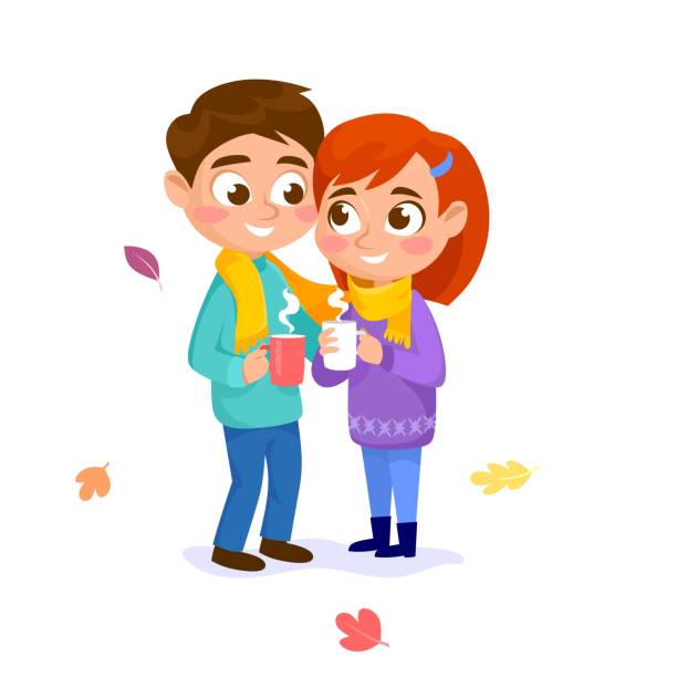 ilustraciones, imágenes clip art, dibujos animados e iconos de stock de una linda pareja joven enamorada de tazas de café calientes en otoño aislada sobre blanco - love romance cartoon heterosexual couple