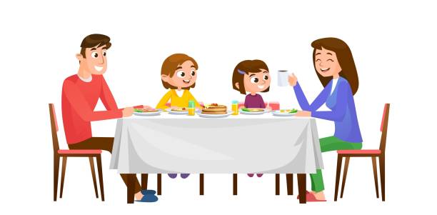 テーブルの後ろで一緒に食事をする子供連れの家族。白い背景に分離型 - dining table table cartoon dining点のイラスト素材／クリップアート素材／マンガ素材／アイコン素材