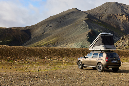 Iceland. Dacia Duster with a roof tent in the LANDMANNALAUGAR mountain camp. Iceland, 24.08.2021