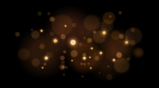 Abstract magical light effect with golden flying glares bokeh isolated on a black background. Christmas lights with glowing particles. Vector illustration. EPS 10.