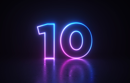 Glowing number 10 before dark background. Horizontal composition.