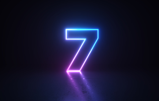 Glowing number 7 before dark background. Horizontal composition.