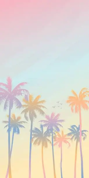 Vector illustration of Colorful palm trees with surrealistic sky background vertical vector illustration. Summer traveling and party at the beach paetel colors concept flat design with blank space.