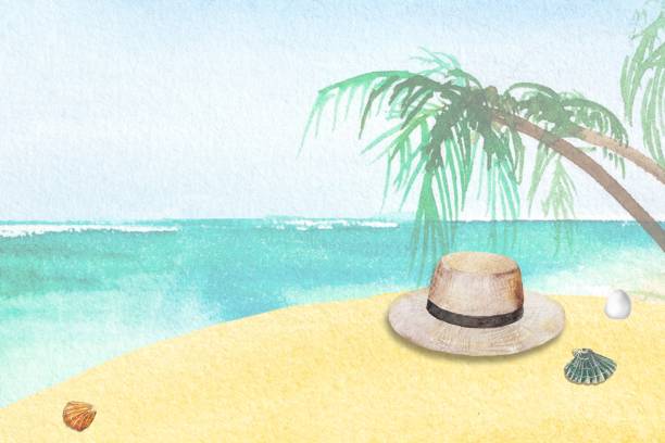 istock Watercolor illustration hat lies on the sandy beach, seashells, blue wave. Beautiful card or background 1493156476