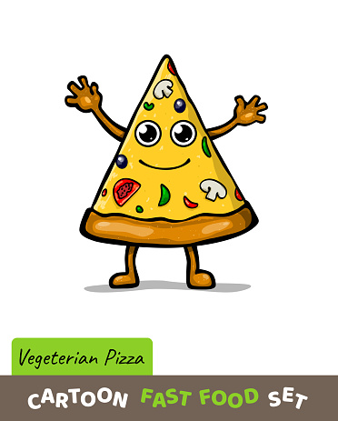 Funny cartoon vegetarian pizza isolated on white background. Cartoon pizza character. Vector Illustration