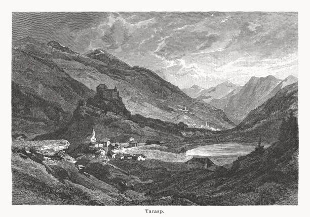 ilustrações, clipart, desenhos animados e ícones de vista histórica de tarasp, grisões, suíça, gravura em madeira, publicada em 1877 - castle engadine alps lake water