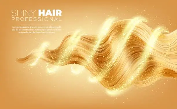 Vector illustration of Woman hair protect shampoo, blond hair strand wave