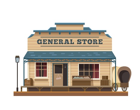 Western Wild West general store town building, vector old american architecture. Cartoon house of Texas town general store, retail shop or grocery with wood facade, windows, door and Wild West wagon