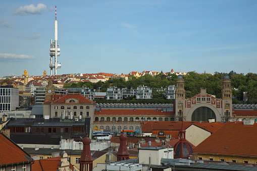 View of Zizkov television tower and historical railway station from the tower Jindrisska vez in Prague,Czech republic,Europe