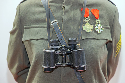Green Uniform Soldier With Old Military Binoculars