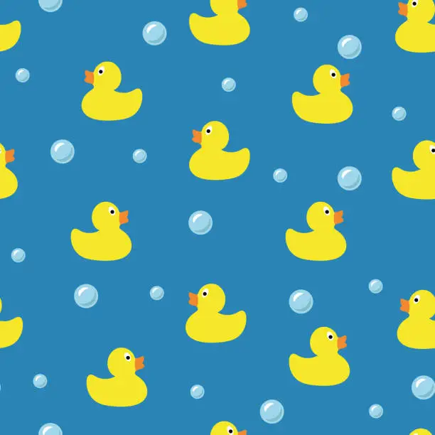 Vector illustration of Hand drawn cute rubber yellow duck pattern seamless vector illustration