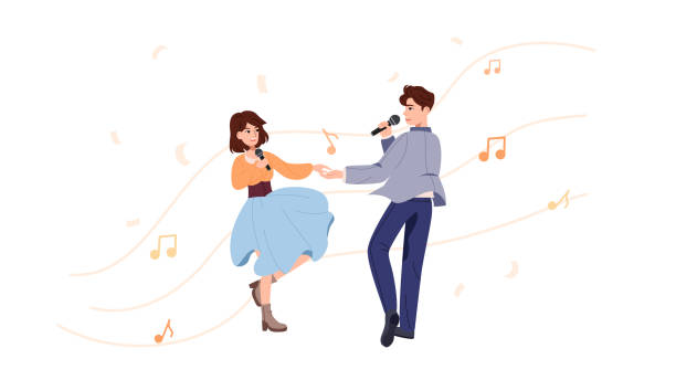 ilustraciones, imágenes clip art, dibujos animados e iconos de stock de ilustración vectorial de jóvenes alegres que actúan juntos. un hombre y una niña cantan y bailan juntos, tomados de la mano. un ejemplo de cómo la música une a las personas. eurovisión, concursos musicales - singing singer teenager contest