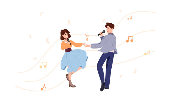 함께 공연하는 즐거운 젊은이들의 벡터 삽화. 한 남자와 한 소녀가 손을 잡고 함께 노래하고 춤을 춥니다. 음악이 사람들을 하나로 모으는 방법의 예입니다. 유로 비전, 음악 경연 대회 - singing singer teenager contest stock illustrations