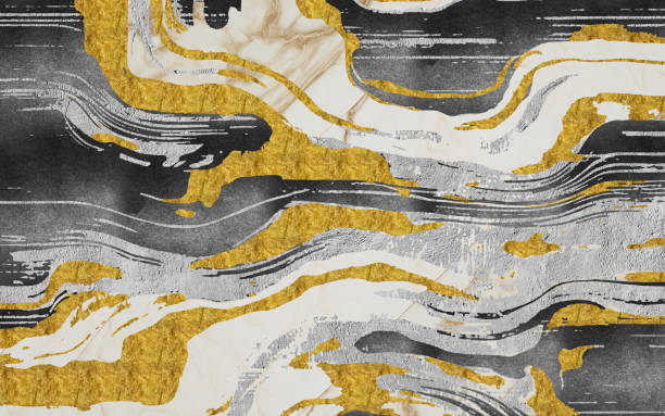 istock Abstract painting mural wallpaper artwork, drawing poster art. 3d Retro pattern, golden black curvy shapes, and white background. 1493169584