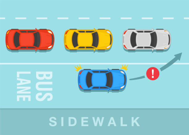 illustrations, cliparts, dessins animés et icônes de règles de conduite de sécurité. règles de circulation ou de la route et conseils. vue de dessus d’une route de la ville avec voie de bus. ne coupez pas les autres véhicules et ne passez pas lorsque la ligne est un avertissement solide. - no passing lane