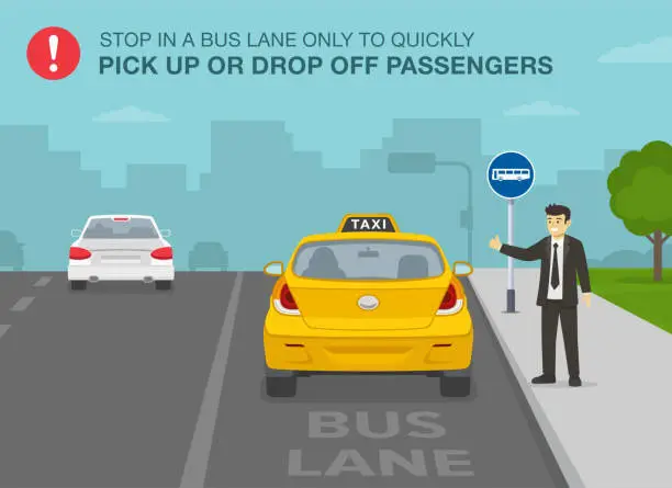 Vector illustration of Traffic or road rules. Stop in a bus lane only to quickly pick up or drop off passenger poster design. Manager or businessman trying to catch a taxi on the street.