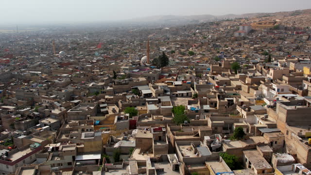 The aerial view of Şanlıurfa, famous for its mystical structures and rich history, captured by a drone.