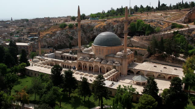 The aerial view of Halil-ur-Rahman Mosque, located in Şanlıurfa, captured by a drone camera.