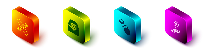 Set Isometric Censored stamp, Mail and e-mail, Ball on chain and Caduceus snake medical icon. Vector.