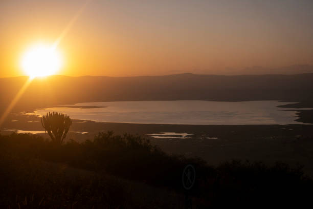 Sunrise over the lake at Ngorongoro Crater stock photo