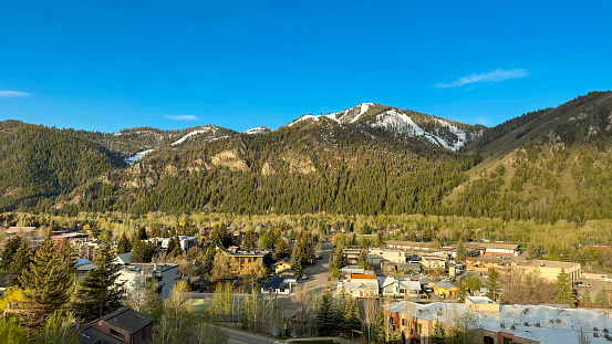 Aerial View of Ketchum, Idaho in Spring with Bald Mountain in Background