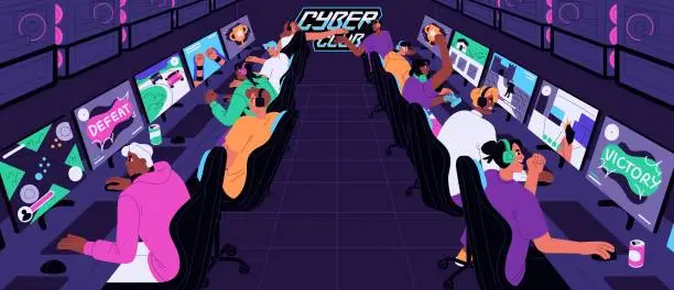 Vector illustration of Gamers playing video games at computer in gaming, cybersport club. Videogame players sitting in headsets at PC monitors at cyber cafe. People group at online tournament. Flat vector illustration