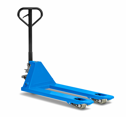 Blue pallet jack isolated in white back with shadow