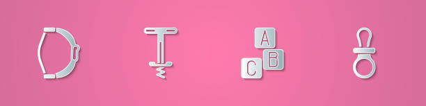 istock Set paper cut Bow toy, Pogo stick jumping, ABC blocks and Baby dummy pacifier icon. Paper art style. Vector 1493190454