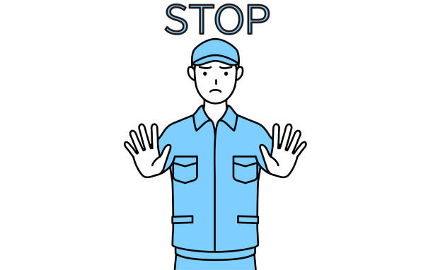 Man in hat and work clothes with his hands out in front of his body, signaling a stop. Man in hat and work clothes with his hands out in front of his body, signaling a stop. just say no stock illustrations