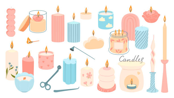 A set of candles of different shapes in pastel colors isolated on a white background. Vector graphics. A set of candles of different shapes in pastel colors isolated on a white background. Vector image. home fragrance stock illustrations