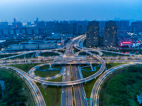 Overlooking the night view of the modern overpass, Shanghai, China