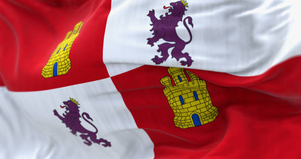 istock The Castile and Leon flag waving in the wind on a clear day 1493198177