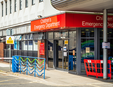 An entrance to the Birmingham Children's Hospital, in the West Midlands of England. The hospital has a long history, dating back to the late 19th Century.