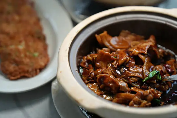 Claypot pork belly with salted fish, popular Chinese food.